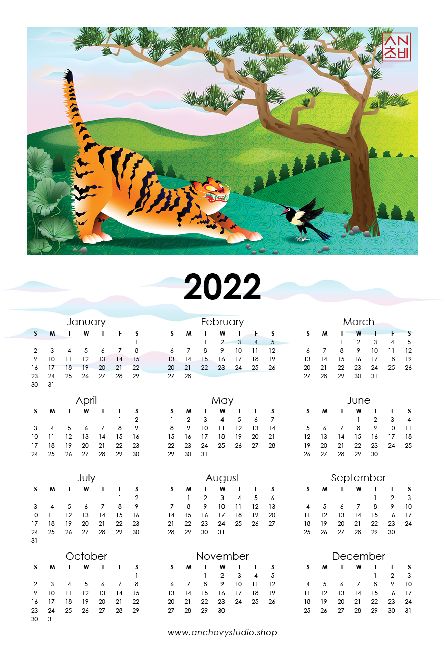 12x18 Color 2022 Calendar Year of the Tiger Print for home, apartment, and room decor. Printed in full color with all 12 months of the year. Inspired by Korean minhwa painting, a magpie scares the wits out of a tiger in a lush landscape of lotus, pine, and rolling hills.