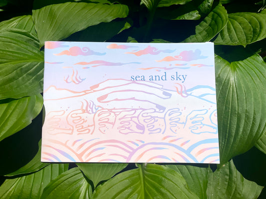 sea and sky zine cover. Hands join together in a landscape of clouds, mountains, and water in pastel gradient. sea and sky zine is about community found through dreams and the fold over of past, present, and future.