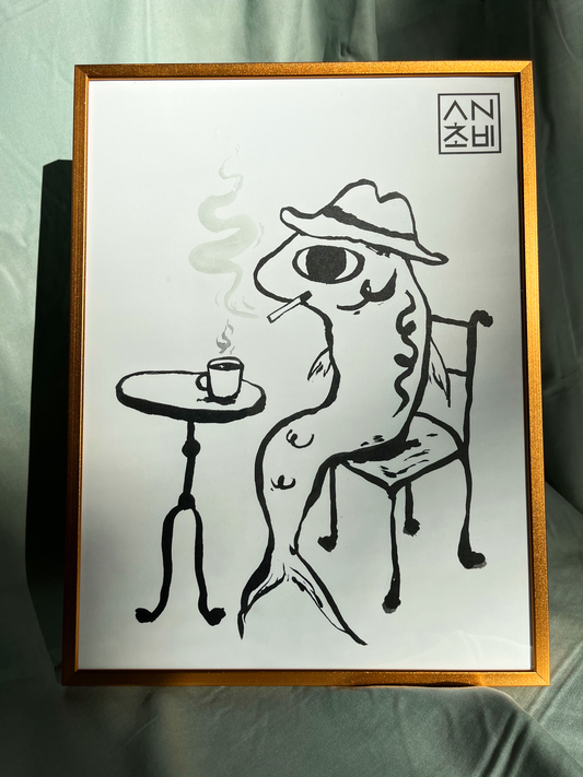9x12 Matte Finish Black and White Art Print for home, apartment, and room decor. Featured here in a gold frame. Anchovy Studio design original print by independent artists. Inspired by calligraphy and expressionism. In this artwork, an anchovy smokes a cigarette with a cup of coffee, head full of thoughts.