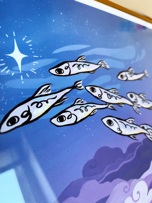 9x12 Gloss Finish Color Art Print in full color for home, apartment, or room decor. A school of anchovies flies together in the evening sky among blue and purple clouds and stars. Anchovy Studio original design by independent artists. Close up detail photo.